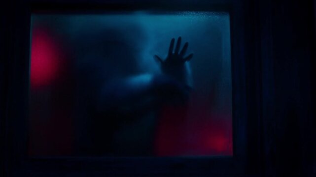 Blurred ghost silhouette pressing scratching frosted glass, dark abandoned room, flickering red blue lights, eerie fog, dust particles, horror cinematic nightmare suspense, creepy atmosphere, high res