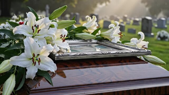 White lily flower and picture frame on wooden casket. Funeral service at cemetery with graves in background. Grief and remembrance concept.