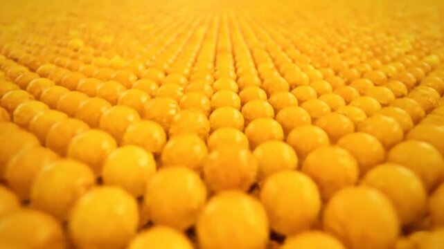 Mesmerizing close-up perspective of countless yellow spherical objects aligned, creating a beautiful vibrant pattern.