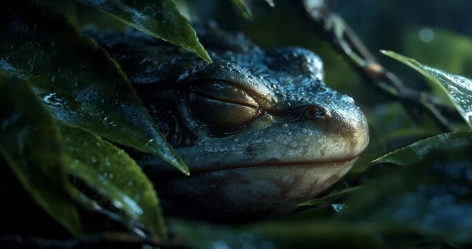 Cinematic Close-Up of a Sleeping Frog in Lush Green Foliage
