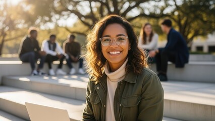Confident young adult woman smiling with laptop on university campus steps. Concept of modern higher education.