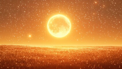 A beautiful starry sky with the moon and stars shining brightly in it, a bright orange full sun on top of an open field.