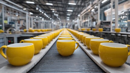 Endless row of yellow ceramic cups in factory production line.