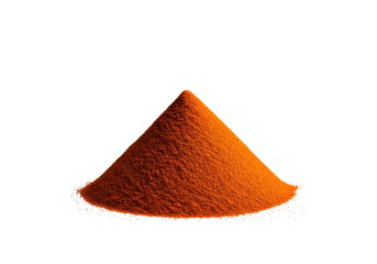extreme macro photograph of a small, geometrically precise conical mound of hyper-saturated orange granular powder, high-key studio lighting on a transparent background, scientific material study of