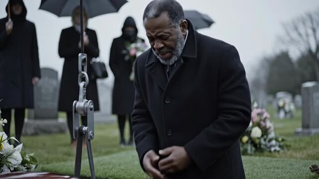 Mature african american man mourning at funeral. Grief and sorrow during burial ceremony with gravestone background.