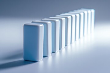 Obraz premium A blue domino falling in line with white ones on a gray background, a business concept for success.