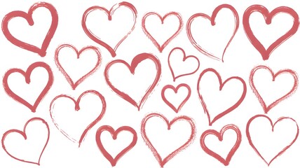 Collection of hand-drawn red heart outlines in various sizes and styles on a white background