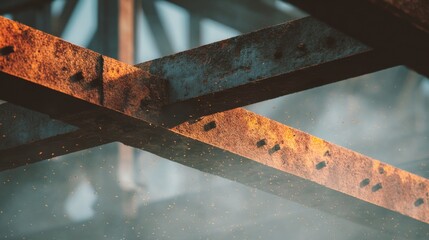 Close-up of weathered, rusted metal beams intersecting at various angles, with atmospheric lighting and subtle blur