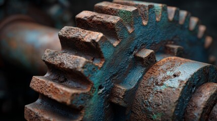 Close-up showcases aged, industrial gears with layered rust and verdigris textures. Details of interlocking teeth are visible