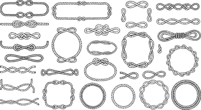 Rope Frame Set &ndash; Hand-Drawn Nautical Knot Borders, Marine Cord Shapes, Sailor Twisted Rope Poster Decoration, Vintage Lasso Frame Doodle, Isolated Vector Rope Design