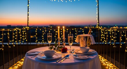 Romantic rooftop dinner setting for two features a table with champagne, candles, and rose against a colorful twilight city skyline.