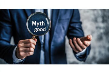 A businessman holding a magnifying glass with the word "Myth" and text of a true or fake story on a white background.