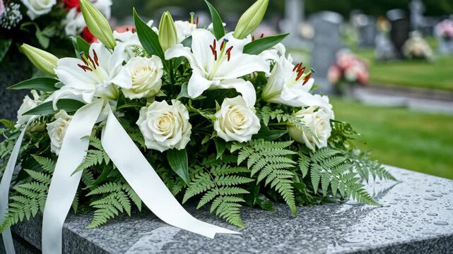 White funeral flower arrangement with lily and rose on gravestone. Sympathy wreath a graveside to honor the deceased, remembrance concept.