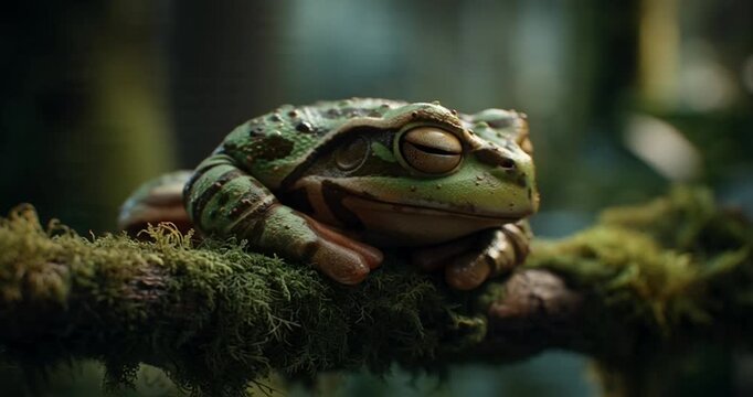 Cinematic close-up of a sleeping frog resting on a mossy branch in a serene forest environment
