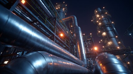 Complex industrial infrastructure at night, with towering structures, pipes, and illuminated fixtures against a dark sky