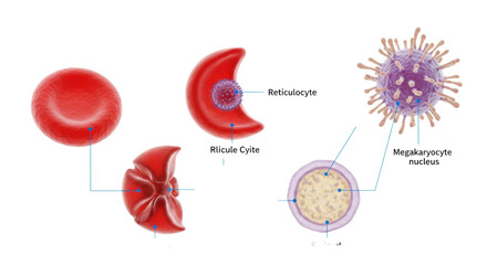 Highly detailed 3d render of human blood cells: mature rbc, sickle cell, platelet, and megakaryocyte, with technical labels on a white background, concept of human hematology education
