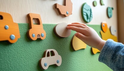A child's hand reaching out to press the button on an interactive wall panel featuring wooden car and animal shapes
