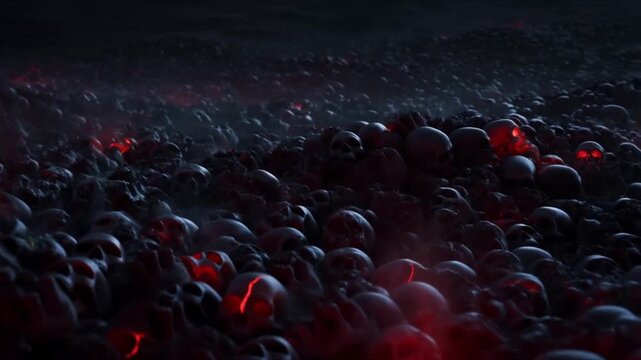 Seamless 3D looping endless ocean black red textured human skulls wave motion, mist rising, skulls glowing red cracks, cinematic horror lighting, supernatural, ultra-realistic 4K animation, dark