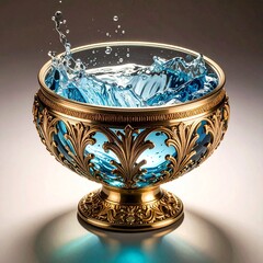 装飾的なボウルに満たされた青い水面に波紋が広がる、神秘的で静かな雰囲気のアート写真