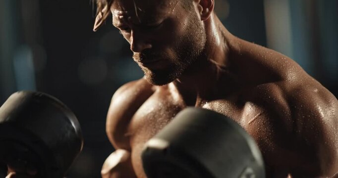 Cinematic close-up of a determined, muscular man intensely lifting dumbbells in a dimly lit gym, embodying raw strength, focus, and dedication to fitness