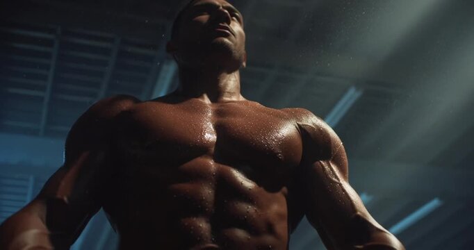 Close-up shot of a muscular man with defined abs, sweating after a workout in a dimly lit gym