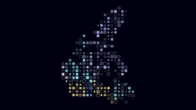 Canada map animation. Shape of the country with pulsating colored dots. Large size rounded square blocks. Digital style Canada map on dark background. Amazing video.