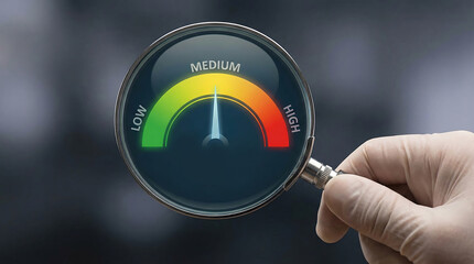 A hand is holding a magnifying glass over a colorful gauge displaying low medium and high levels representing assessment or analysis high quality