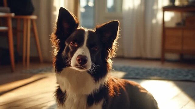 Enjoy the charm of a border collie in a bright and inviting space. This video showcases the joy pets bring to our lives. A must-watch for dog lovers everywhere. AI