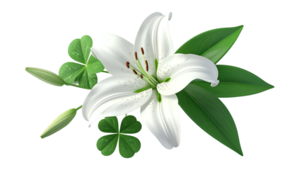 Realistic rendering of a white lily, shamrocks, and leaves against a black background