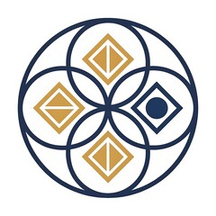 Abstract geometric symbol with interlocking circles and diamond shapes in gold and blue