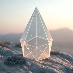 A geometric crystal structure with an inner glow rests on a desolate rocky landscape