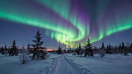 Aurora borealis over snowy forest road at night