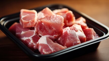 Fresh raw pork cubes in black tray close-up on wooden surface.