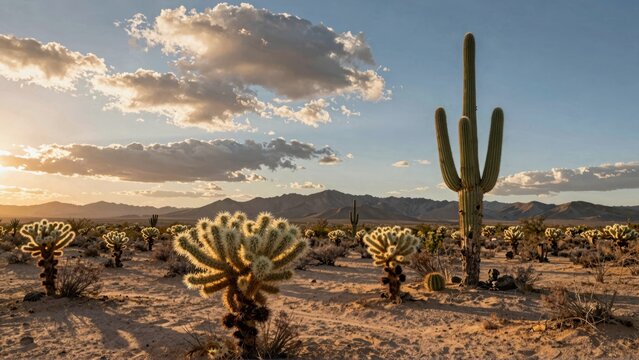 Saguaro and cholla cacti in desert at sunset