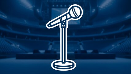 Clean white outline icon of a microphone on a stand, against a blurred blue concert stage, signifying live events, public speaking, music, and entertainment
