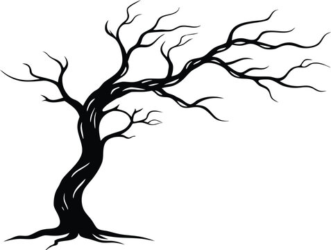 Spooky bare tree silhouette illustration, Creepy dead tree graphic art