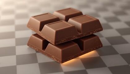 A stack of chocolate bars on a checkered surface