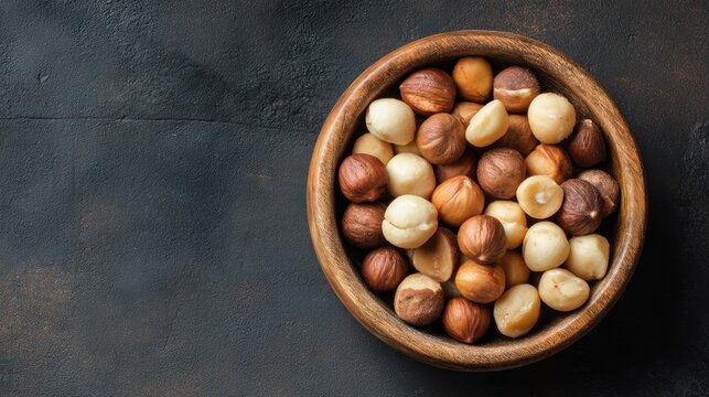 Delicious hazelnuts and macadamia nuts in wooden bowl on dark background.