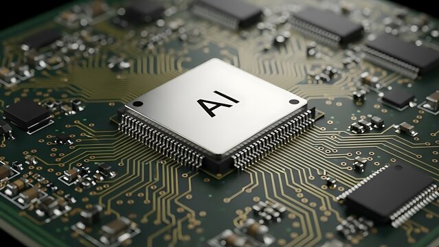 Artificial Intelligence processor chip on a computer circuit board with AI text