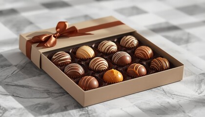 A beautifully presented box of assorted chocolates on a marble surface