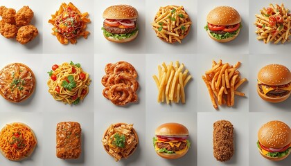 A variety of fast food items including burgers, fries, and pasta dishes are arranged on a white surface.