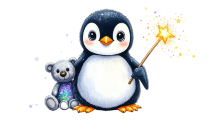 Cartoon penguin with a teddy bear, holding a magic wand with a sparkling star