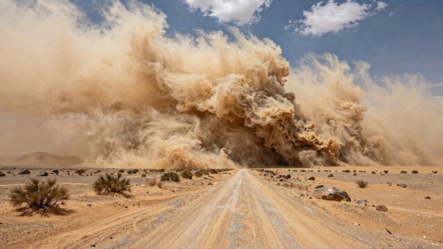 Dust storm engulfing desert road