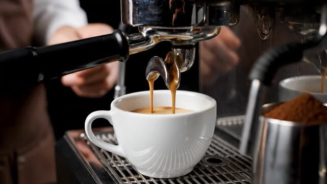 Espresso pouring into a white cup from a portafilter on a machine