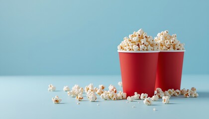 Two red paper cups overflowing with popcorn on a light blue background