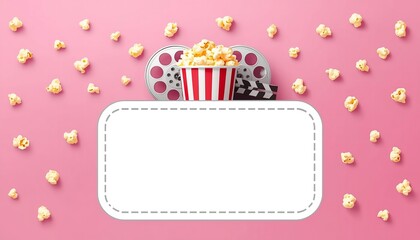 A colorful illustration of popcorn and movie tickets on a pink background with a blank white label