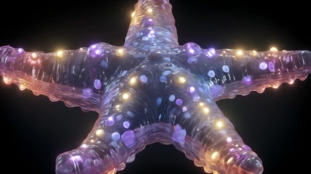 Abstract cgi animation of a vibrant illuminated starfish against a black backdrop