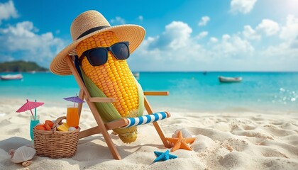 A cartoon corn on the cob wearing sunglasses and a hat relaxes on a beach chair at a tropical beach.