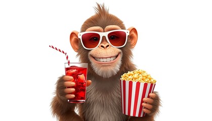 A cartoon monkey wearing sunglasses holds a drink and popcorn