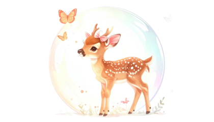 A cute fawn with a pink bow, surrounded by butterflies in a light, ethereal circle